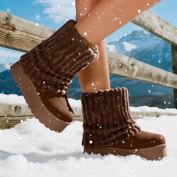 Women Winter BROWN Fuzzy Faux Fur Lined Calf High Boots 2 inch Sole - Picture 4 of 4